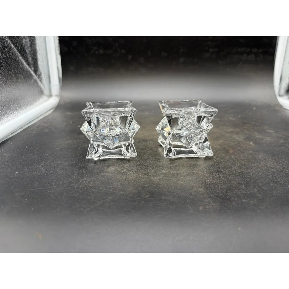 Vintage Geometric Clear Glass Star Candle Holders Set of 2 Taper Votive Pair